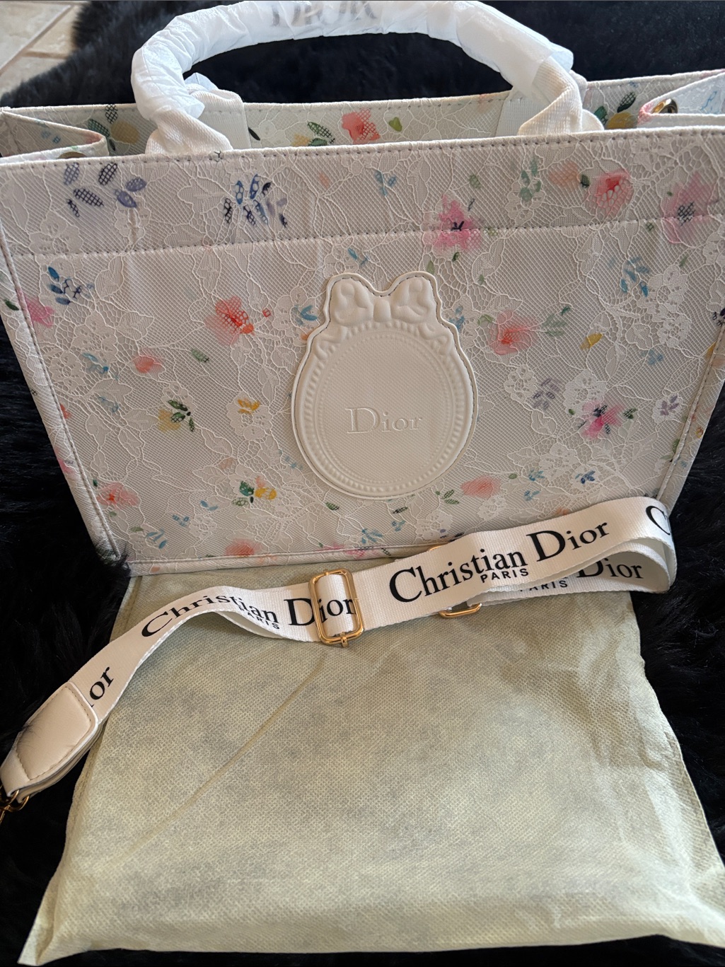Dior White Floral Embroidered Tote With Detachable Logo Strap